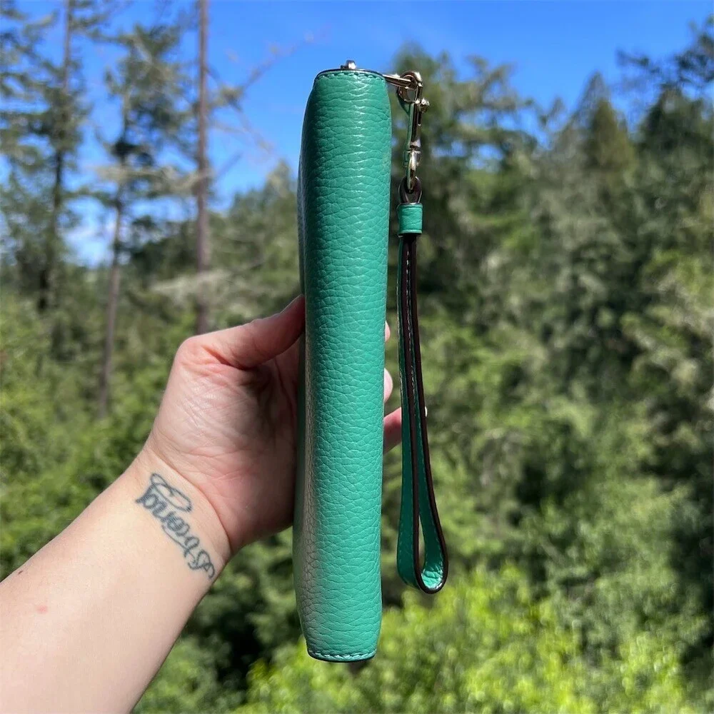 COACH Long Zip-Around Green Pebble Leather Wallet with Gold Hardware AUTHENTIC